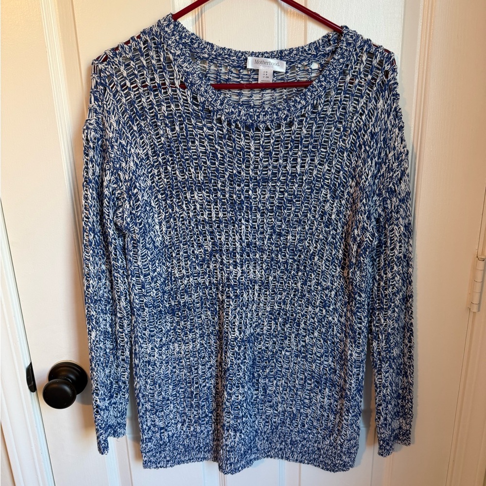 Motherhood Maternity Spring Sweater Chunky Open Knit Cerulean Blue + White